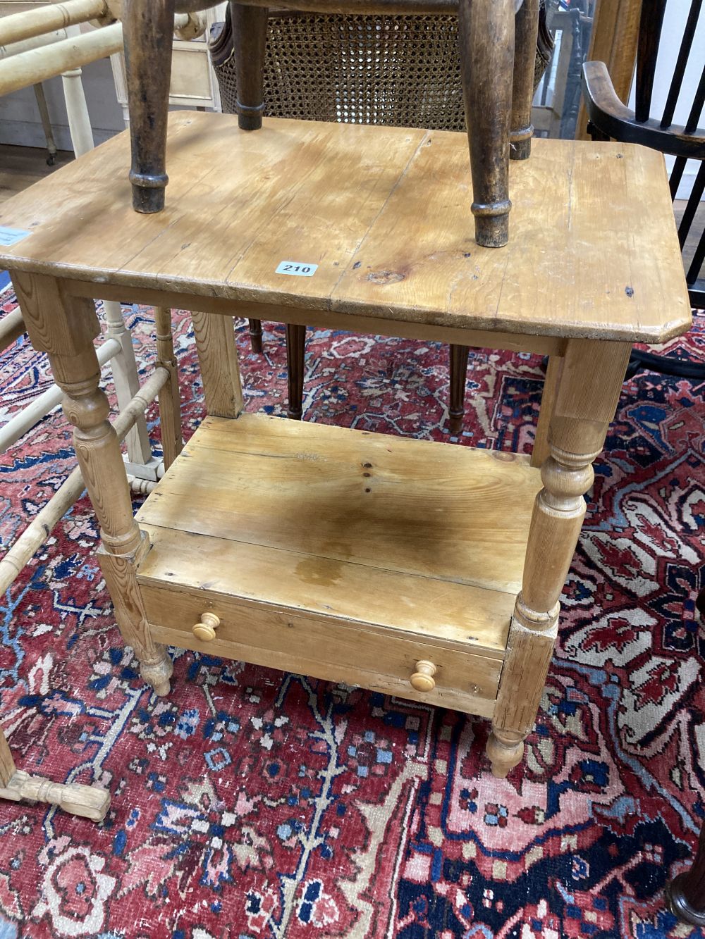 A Victorian pine two tier washstand, width 62cm, two towel rails and a provincial stool